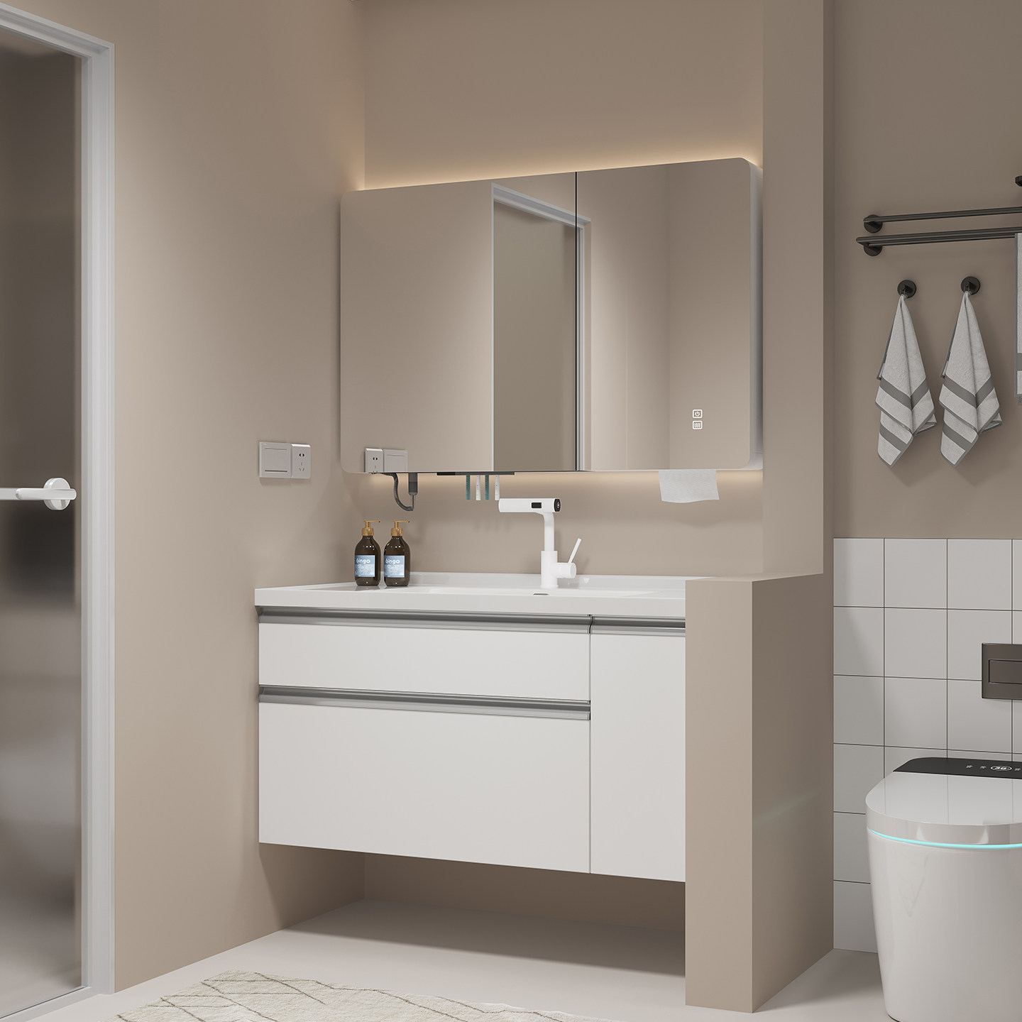 日式奶油风大收纳浴室柜组合抽屉拉篮洗漱手脸台陶瓷一体盆卫浴柜