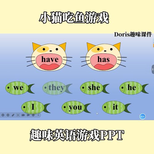 趣味英语游戏PPT小猫吃鱼have，has三单操练游戏快乐英语学习