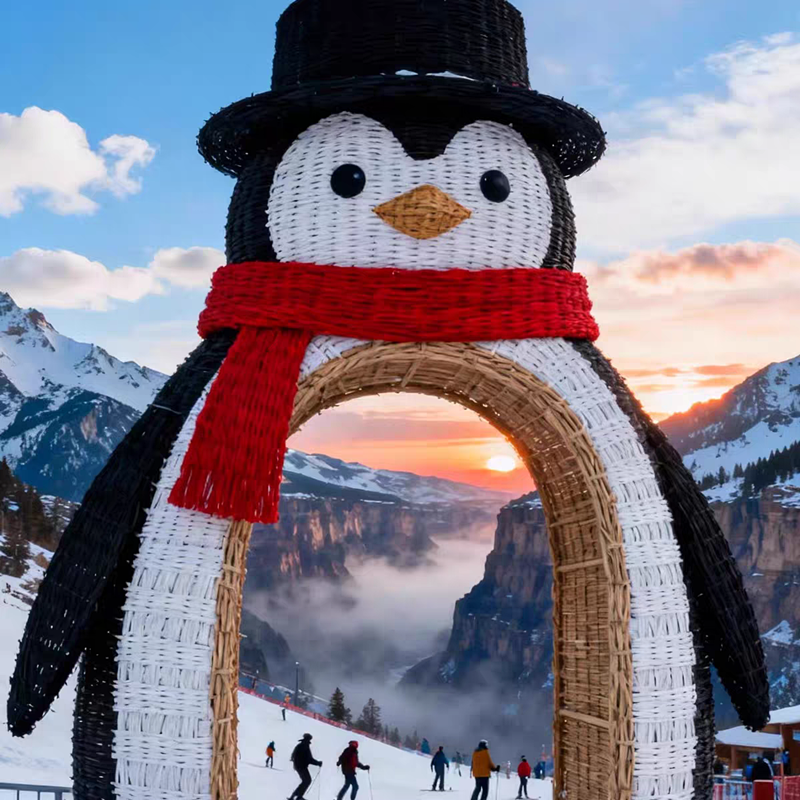 藤编工艺品定制网红打卡藤编企鹅造型拱门景观户外景区美陈装饰品