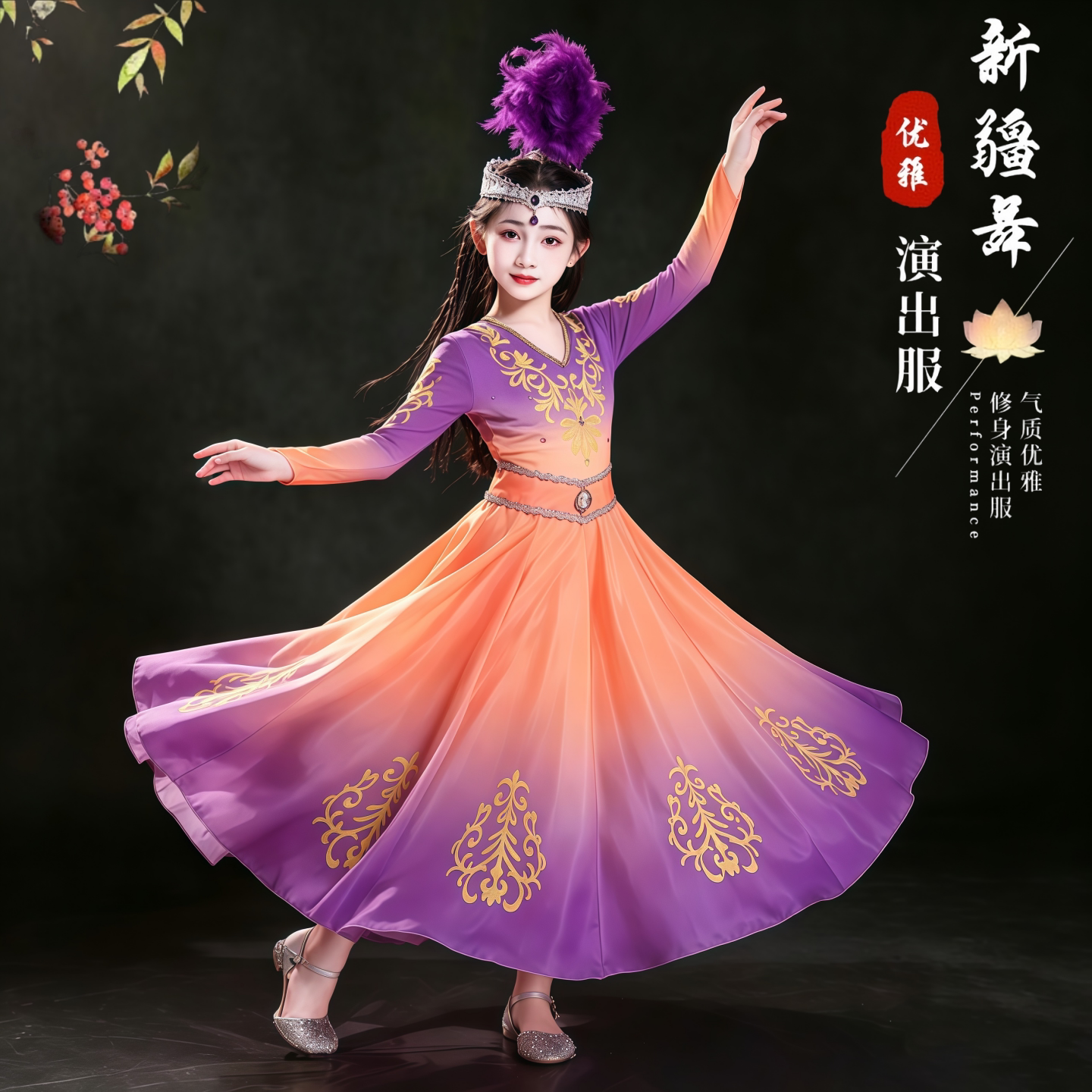 儿童新疆舞蹈演出服维吾尔族大摆裙女童维族剧目服少儿古丽舞蹈服