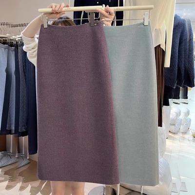 倾心美貌色系！紫色简洁毛呢后开叉高腰直筒裙半身裙