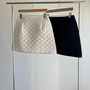 2025秋冬新款菱形格夹棉高腰A字短裙半身裙小个子显腿长