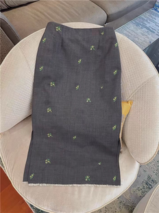 花朵刺绣复古碎花开衩半身裙中长款高腰显瘦气质灰色直筒裙