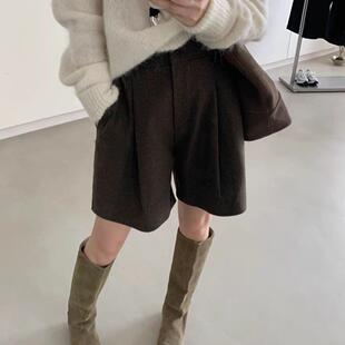 俏丽显腿长！咖色羊毛呢气质纯色毛呢休闲裤阔腿短裤女秋冬