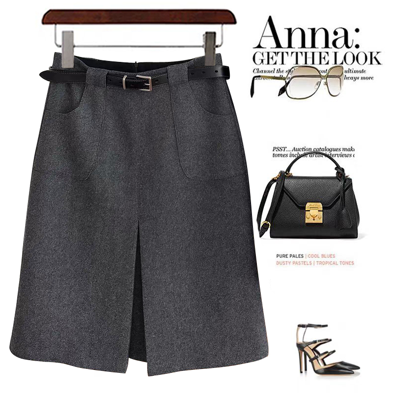 2025秋冬新款格雷系气质灰色羊毛呢前褶子口袋高腰A字短裙半身裙