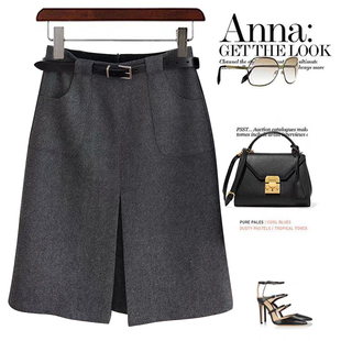 2025秋冬新款格雷系气质灰色羊毛呢前褶子口袋高腰A字短裙半身裙