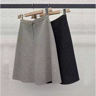 知性气质赫本风 灰色羊毛呢高腰显瘦过膝A字半身裙中裙大摆裙