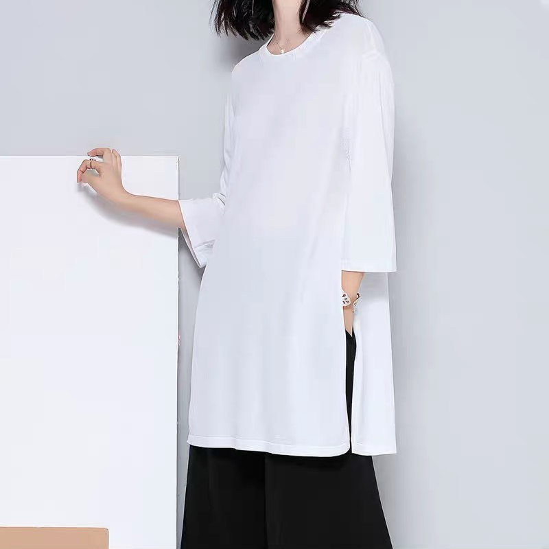 上衣女士 中长款宽松七分袖T恤白色名媛网红韩版夏纯色大码女胖mm