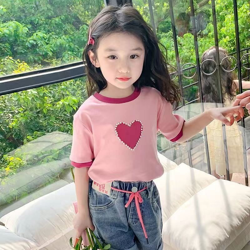 女童夏装冰丝短袖t恤2024新款韩版洋气小女孩夏季爱心钉珠上衣