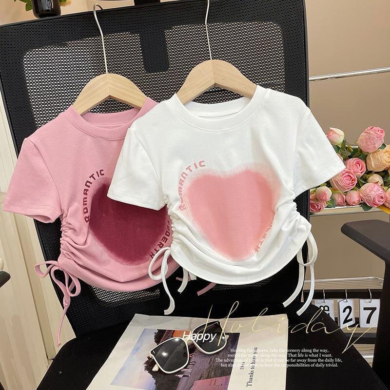 冰丝女童T恤夏2024夏款桃心不规则抽绳爱心短袖上衣潮流新款女宝