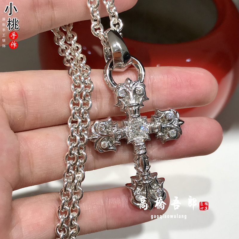 18k白金镶钻十字架吊坠 火焰十字架项链 欧美潮牌情侣