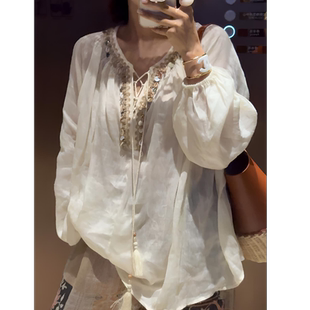 天竺少女 上衣 微胖大码 饰麻料宽松大版 25053 异域风贝壳装 NXJ