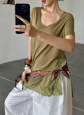 【追梦豆绿】微胖大码 拼蕾丝侧开叉宽松大版t  260838