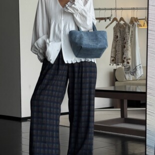 长裤 日系小众品牌格子麻料阔腿裤 微胖大码 250721 涩谷女生