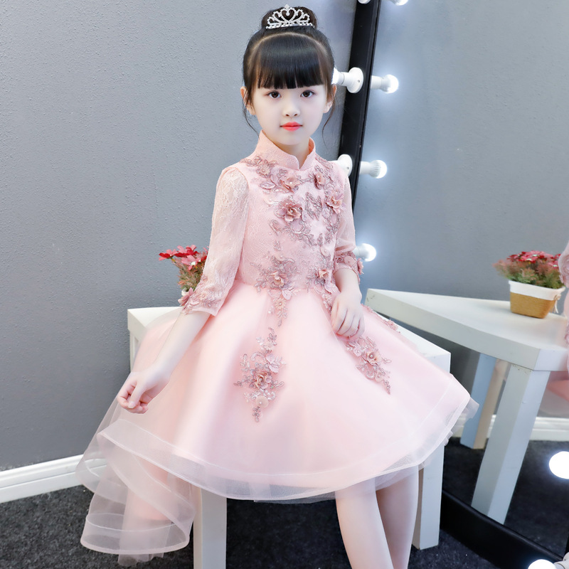 中国风女孩婚纱蓬蓬纱拖尾小孩女生立领礼服公主裙花童钢琴演出服