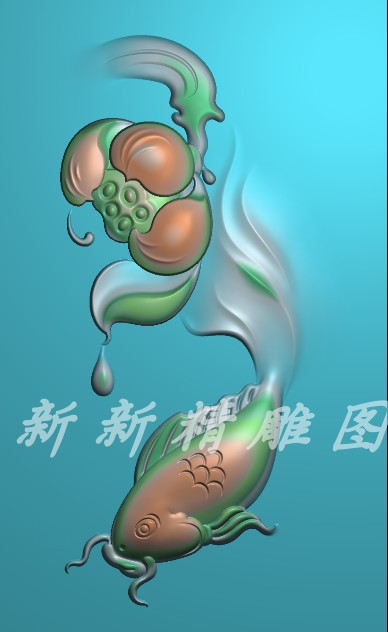 P004荷花鱼莲年有余富贵有鱼牌玉雕挂件浮雕灰度图木雕图精雕图jd