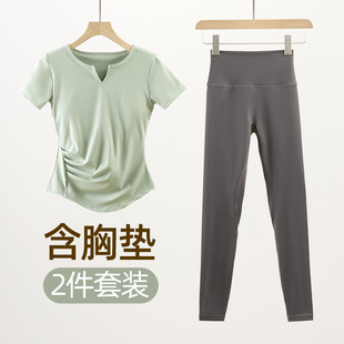 Athena lulu带胸垫瑜伽服套装女跑步健身上衣高级感运动短袖T恤