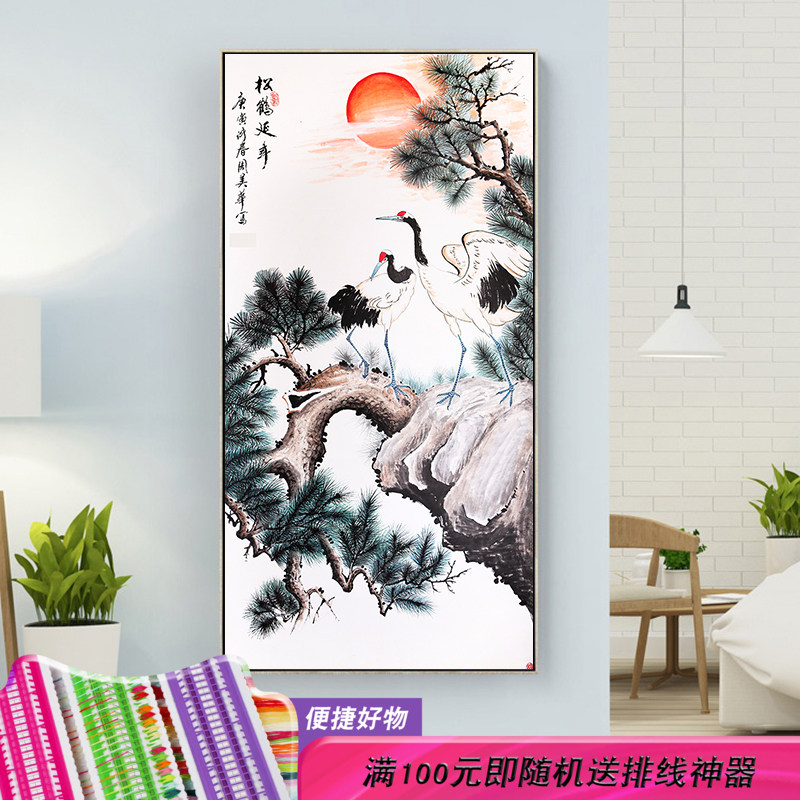 仙鹤简单迎客松十字绣2023新款线绣满绣印花自己手工线绣竖版大件