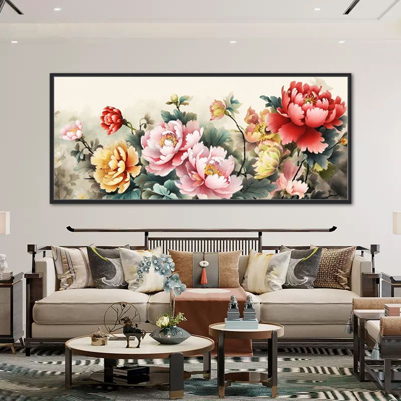 新中式牡丹花花开富贵2024新款线绣客厅国风画自己手工DIY全绣花