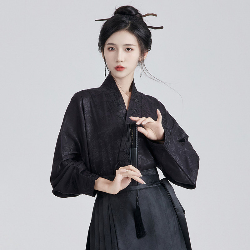 新中式马面裙上衣黑色女装衬衫女图片