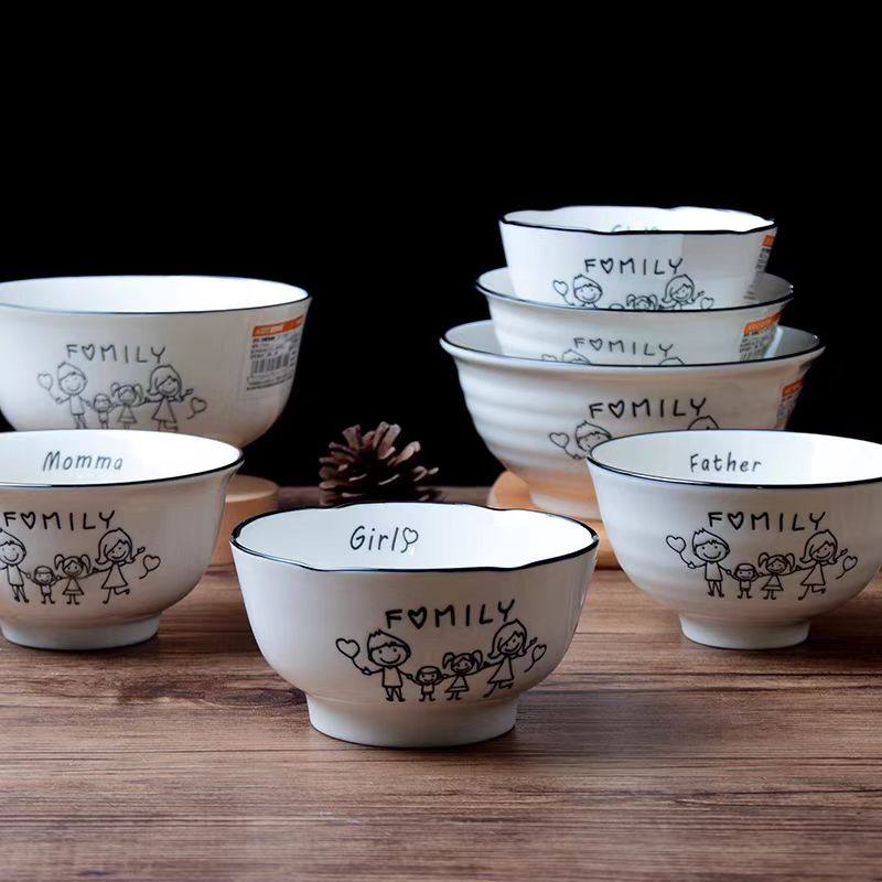 雅诚德正品釉下彩陶瓷碟碗套装简约家用幸福一家人亲子碗