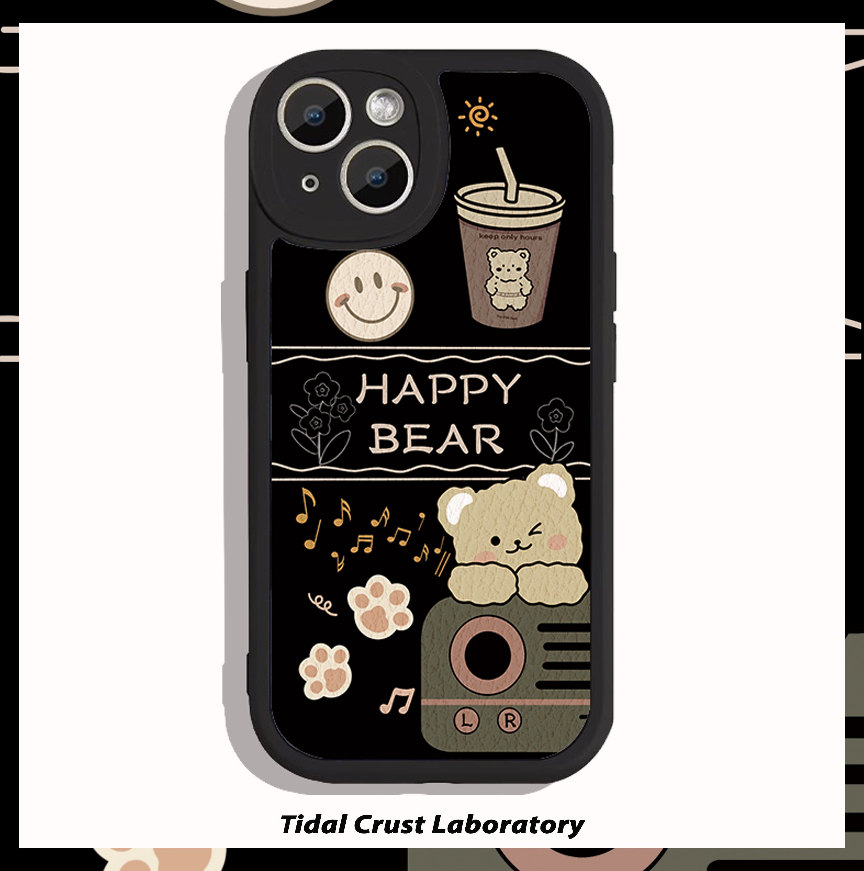 可爱的小熊卡通萌趣黑色小羊皮手机壳适用苹果15mate60pro小米13opporeno9vivo荣耀80iPhonenova10华为p50E