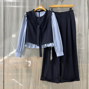 英25C-T297商场专卖2025春时尚女套装圆领拼接上衣两件套阔腿裤子