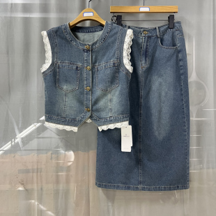 卓18221Z8860商场专卖2025夏时尚 花边牛仔马甲两件套裙潮 新品 女装