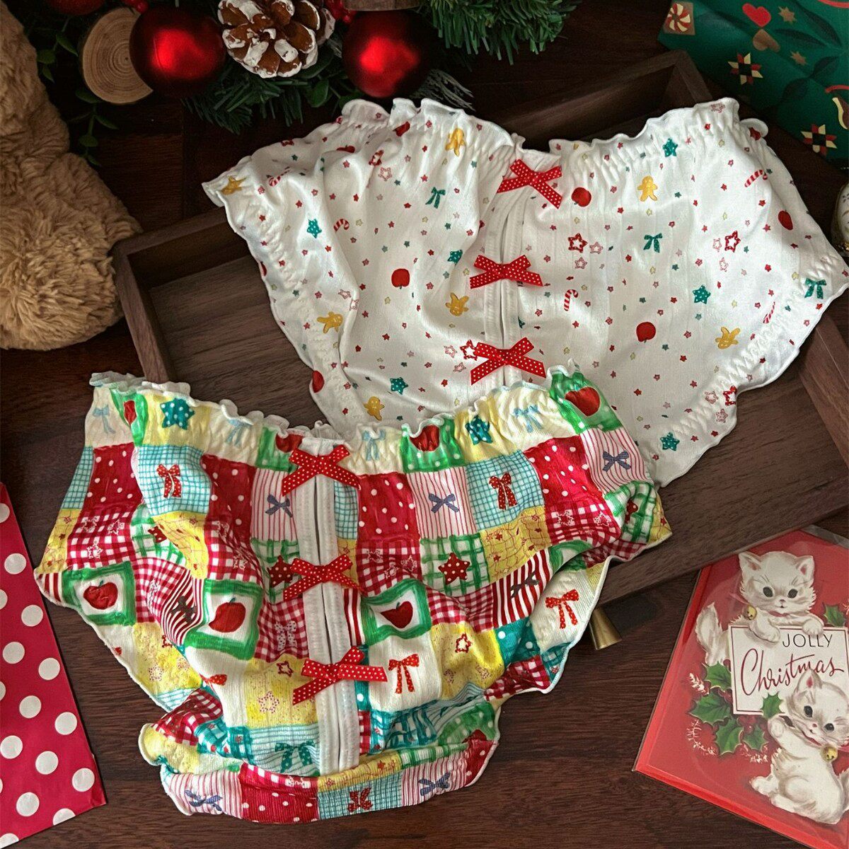 圣诞节日新款可爱拼布插画棉感镂空弹力舒适甜美蝴蝶结少女士内裤,女士内衣/男士内衣/家居服,女三角裤,淘宝优惠券,粉丝福利购,淘宝优惠卷