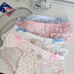 日系可爱波点甜美格子少女内裤小猫荷叶边卡通牛奶丝大码三角裤女