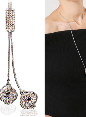 丽银秋冬新款四叶花朵水晶毛衣链