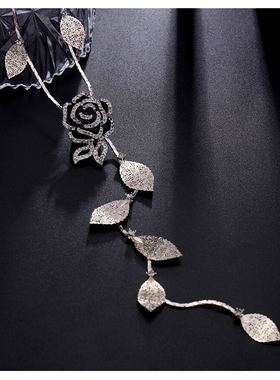 丽银饰品新款毛衣链玫瑰花叶子长款项链