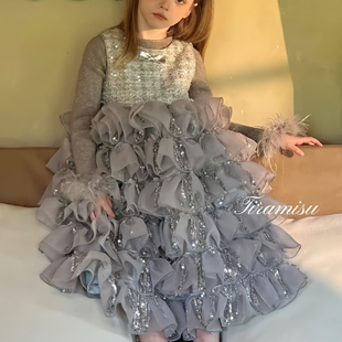 缇娜米苏正版女童高端公主裙25秋冬儿童生日蛋糕礼服纱裙银灰绮梦