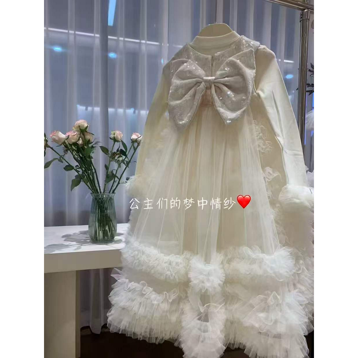 天空之城正版杏白网纱公主风花童礼服女童蝴蝶结亮片蛋糕裙蓬蓬裙
