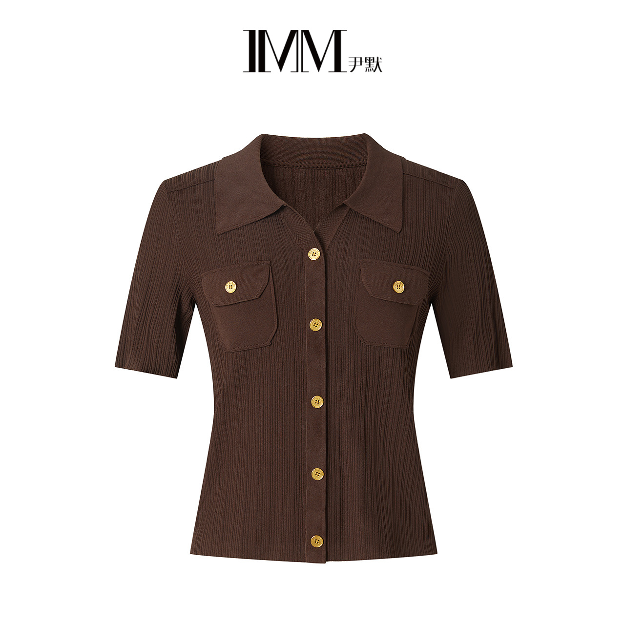 IMM尹默2025年秋经典廓形气质衬衫领双口袋毛针织开衫上衣女