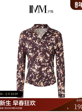 IMM尹默2025年秋美丽诺羊毛碎花印花衬衫V领收腰单上衣小衫女