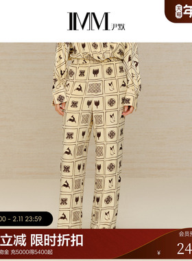 IMM尹默女装冬季灯芯绒中式复古印花直筒裤直筒廓形休闲长裤