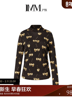 IMM尹默春高弹无氨纶网布深咖色樱桃花型长袖小衫上衣女