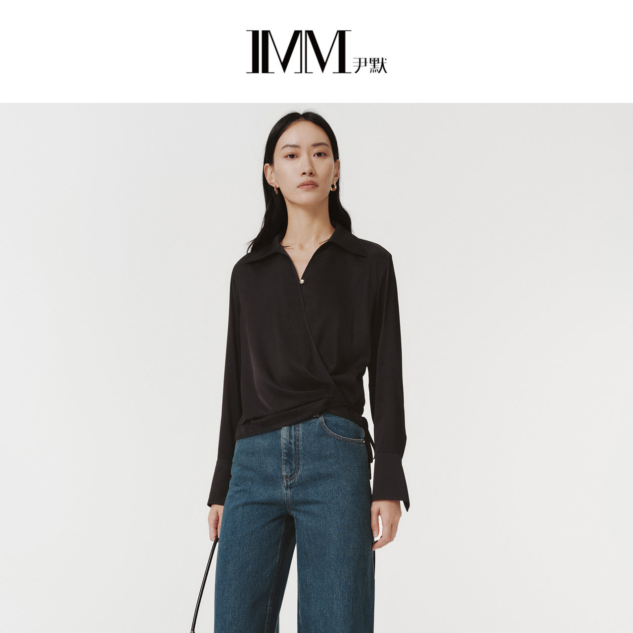 IMM尹默春19MM真丝弹力素绉缎X版型收腰长袖衬衫单上衣女