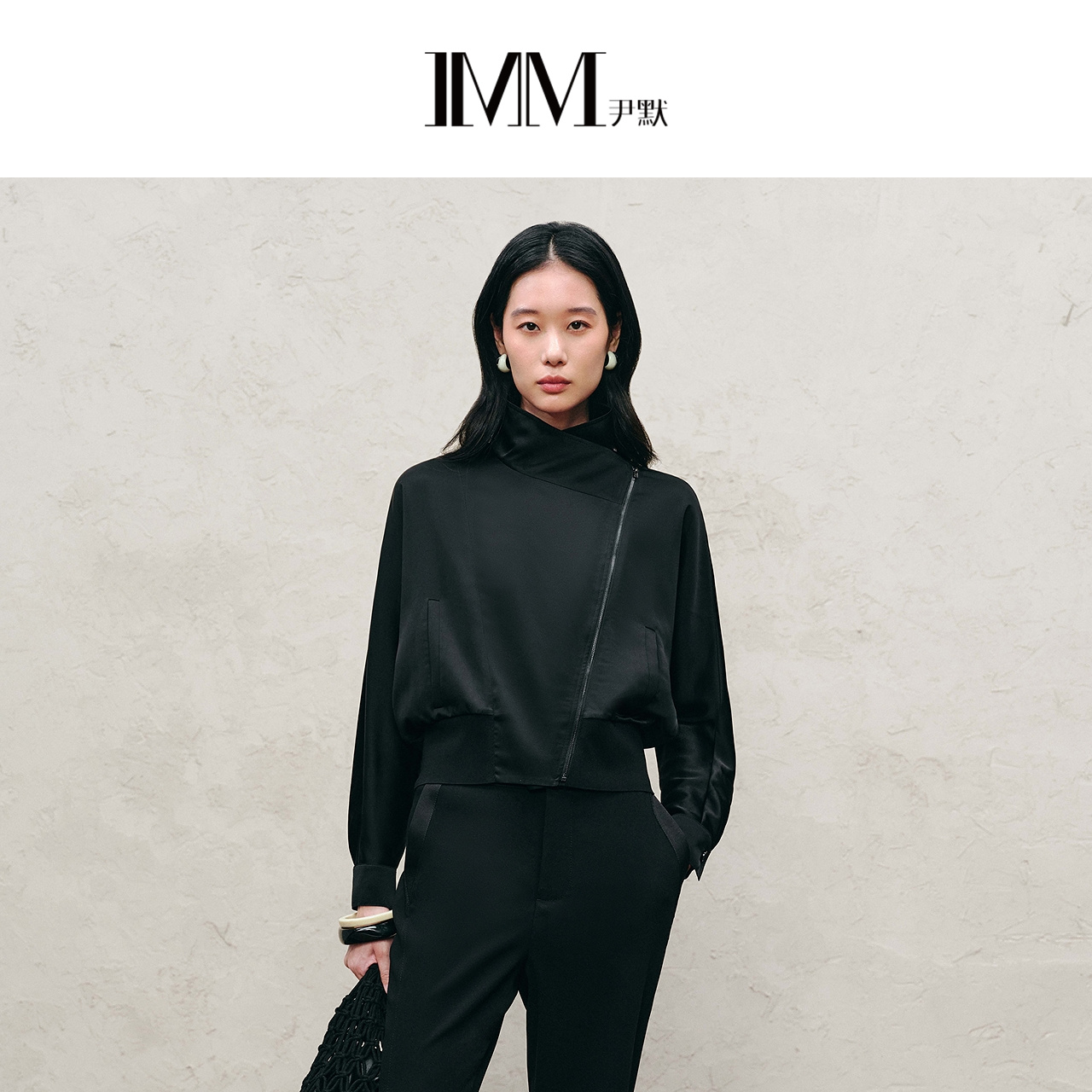IMM尹默2025年秋三醋酸面料斜门襟酷帅倒T型翻领外套上衣女