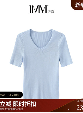 IMM尹默女装纯色V领半袖轻薄修身针织衫羊毛多色小衫打底衫夏
