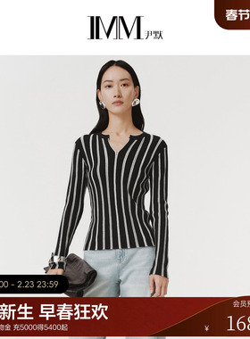 IMM尹默春超细美丽诺羊毛混纺小翻领条纹休闲时尚毛针织衫女