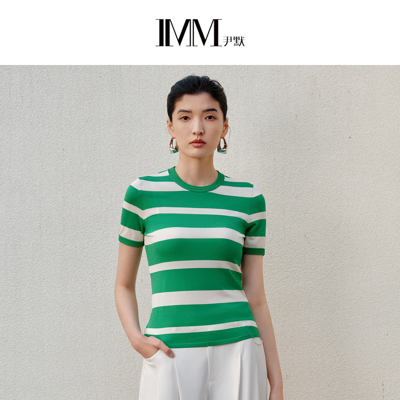 IMM尹默2025年春Saints圣茨复合面料条纹圆领短袖针织衫上衣女