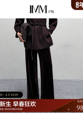 IMM尹默2025年冬针织丝绒面料隐形缝线高腰松紧阔腿长裤女