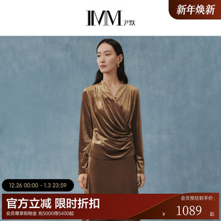 IMM尹默春醋酸针织丝绒面料老钱复古风棕茶金长袖 上衣女