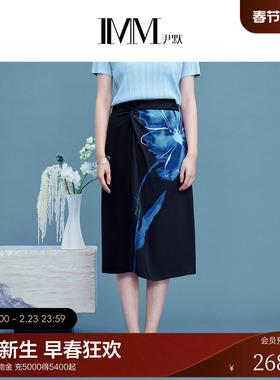IMM尹默2025年夏22mm真丝重绉桑蚕丝纽结印花铅笔半身腰裙女