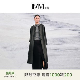 IMM尹默春羊皮革复古中性风茧型宽松无领长款 皮衣外套女