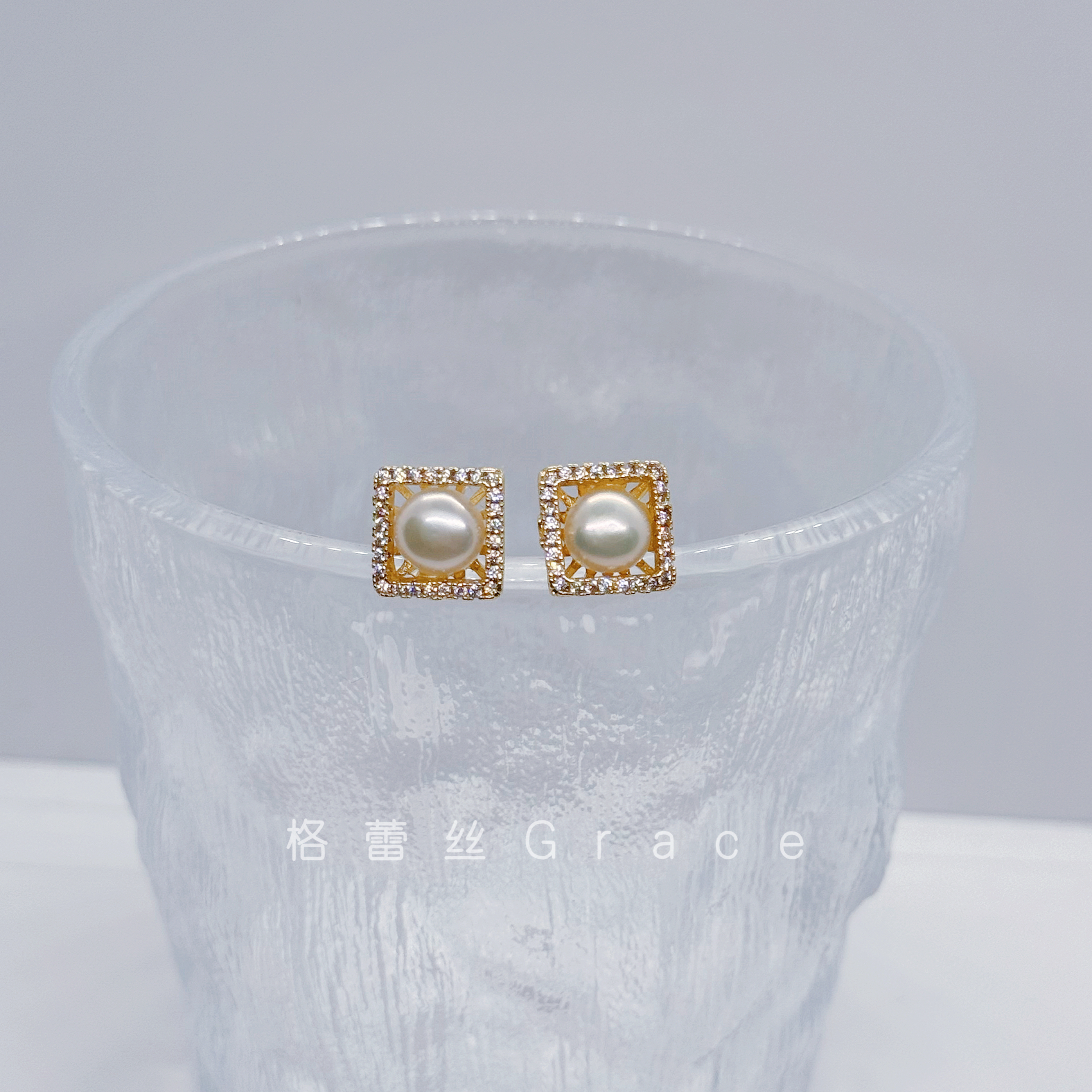 天然淡水珍珠耳环925银针方形锆石