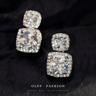 无耳洞闪钻方形气质女蚊香盘耳夹925银针耳钉个性 几何气质女耳饰