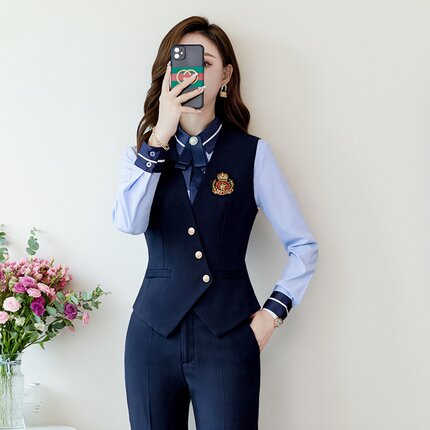 灰色马甲女新款秋职业工装美容院西装百褶裙套装幼儿园老师工作服